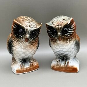 Salt Pepper Shakers Vintage Owl Bone China 3" Tall Airbrushed Set of 2 Whimsical